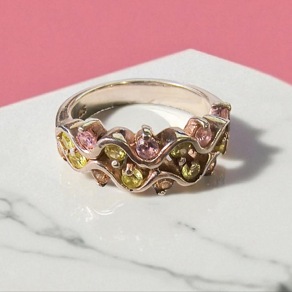 Pretty Green And Pink Tourmaline Cluster Ring In Sterling Silver